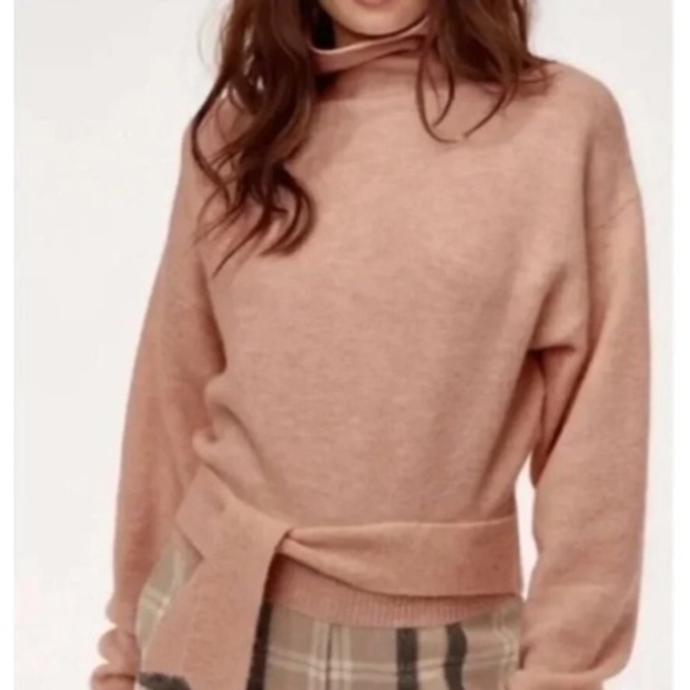Aritzia Wilfred Lorin Sweater Pink Blush Alpaca Wool Turtleneck Tie Waist Small
